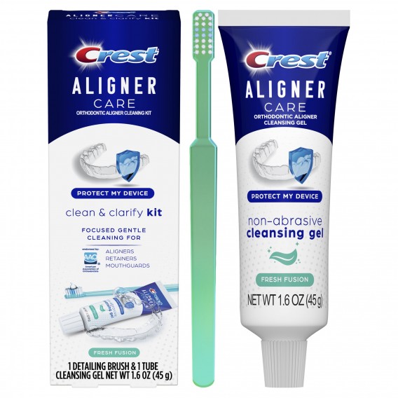 Čistiaci gél a kefka na zubné protézy, strojčeky Invisalign a retainery Crest Aligner Care Clean & Clarify Kit